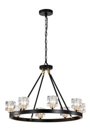 Matte Black + Gold Wagon Wheel Chandelier Farmhouse Modern Small Crystal Round Chandelier for Living Room Kitchen Island Foyer Hallway Entryway B
