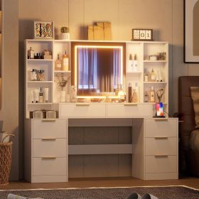 Makeup Vanity Desk with Mirror and Lights, 59" Large Vanity Table with 8Drawers & Open Storage Shelves, Brightness Adjustable