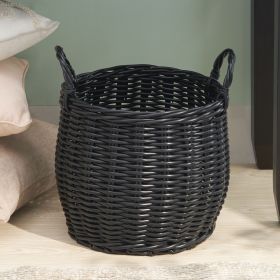 Lucius Round Resin Woven Wicker Basket with Handles - 13" x 13" x 10.2" - Black - For Clothes, Towels, Toys, Magazines Storage and Home Decoratio