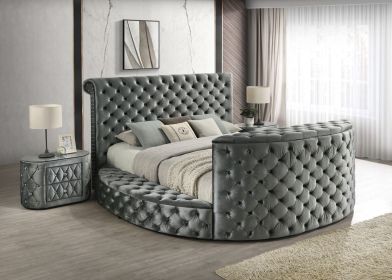 Luxurious Queen Size Bed Nightstand Set Deeply Tufted Headboard Nail Head Trim Upholstery Grey Velvet Footboard Integrated Television Lift Mechan