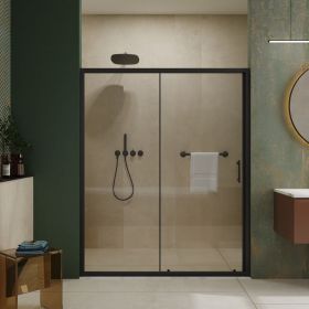 60.in W x 72.in H Single Sliding Shower Door, 1/5 inch Thick Clear Tempered Glass Shower Door with Stainless Steel Handle, Black