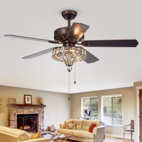 Pilette 5-Blade Antique Speckled Bronze Lighted Ceiling Fan w Crystal Shade Optional Remote Control (incl 2 Color Choice Blades)