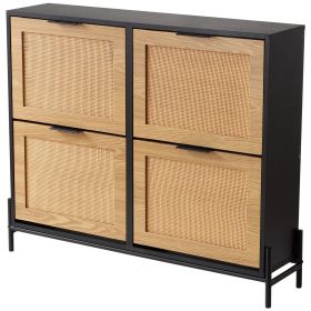 VEVOR Rattan Shoe Cabinet, Narrow Shoe Storage Organizer with 4 Flip Drawers, Slim Shoe Entryway Storage Cabinet with Metal Legs, Ideal for Entry