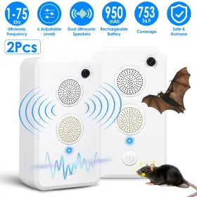 2Pack/4Pack Options - Rechargeable Ultrasonic Bat Repellent Indoor Outdoor Bird Mouse Deterrent Device With 6 Adjustable Levels For Attic Porch H (Option: 2Pack)