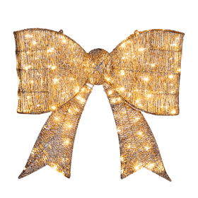 Pre-lit Outdoor Giant Bowknot Christmas Decoration, Lighted Metal Frame With 124 Warm White LED Lights, For Front Door Gate Wall Indoor Outdoor H (Option: Golden)