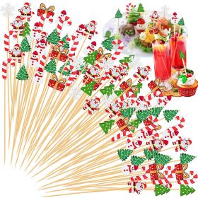 Christmas Cocktail Pick Xmas Tree Snowflake Snowman Santa Claus Reindeer Pattern Sticks Cupcake Fruit Food Appetizer Skewers 4.9 In Bamboo Toothp (Option: 100PCS)