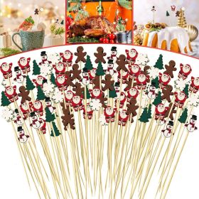 Christmas Cocktail Picks Cute Disposable Bamboo Decorative Toothpicks Santa Claus Gingerbread Man Tree Pattern Fruits Dessert Appetizer Skewers F (Option: 100PCS)