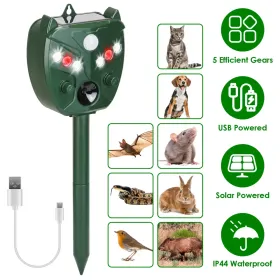 Ultrasonic Solar Animal Repeller Outdoor Mole Snake Squirrel Mouse Chaser Waterproof Bird Deer Dog Cat Deterrent With 5 Gears For Farm Garden Yar (Color: Green)