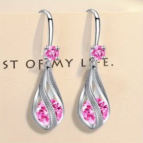 Stylish Rotating Teardrop Shape Crystal Earrings For Women Girls Holiday Party Decor Accessories (Color: Pink)