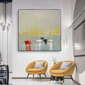 Ocean Wall Art Canvas Oil Painting Sunrise Bathroom Handmade Boat Landscape Posters Picture for Bedroom Beach House Decor (size: 60x60cm)