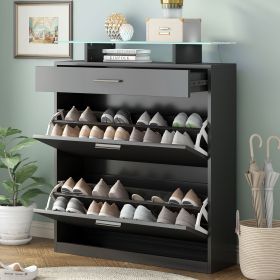 [VIDEO provided] ON-TREND Slim Entryway Organizer with 2 Flip Drawers, Tempered Glass Top Shoe Storage Cabinet with Drawer (Color: as Pic)