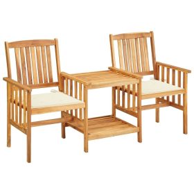 Patio Chairs with Tea Table and Cushions Solid Acacia Wood (Color: Brown)