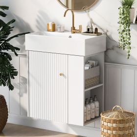 21.6 inch Modern Floating Bathroom Vanity with Ceramic Basin - Perfect for Small Bathrooms, Right side storage (Color: White, Material: Ceramic+MDF)