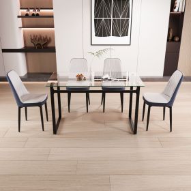 51" 4 person glass dining table set, kitchen set with black metal leg dining table and chairs (Color: Black+White+Blue)