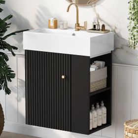 21.6 inch Modern Floating Bathroom Vanity with Ceramic Basin - Perfect for Small Bathrooms, Right side storage (Color: Black, Material: Ceramic+MDF)